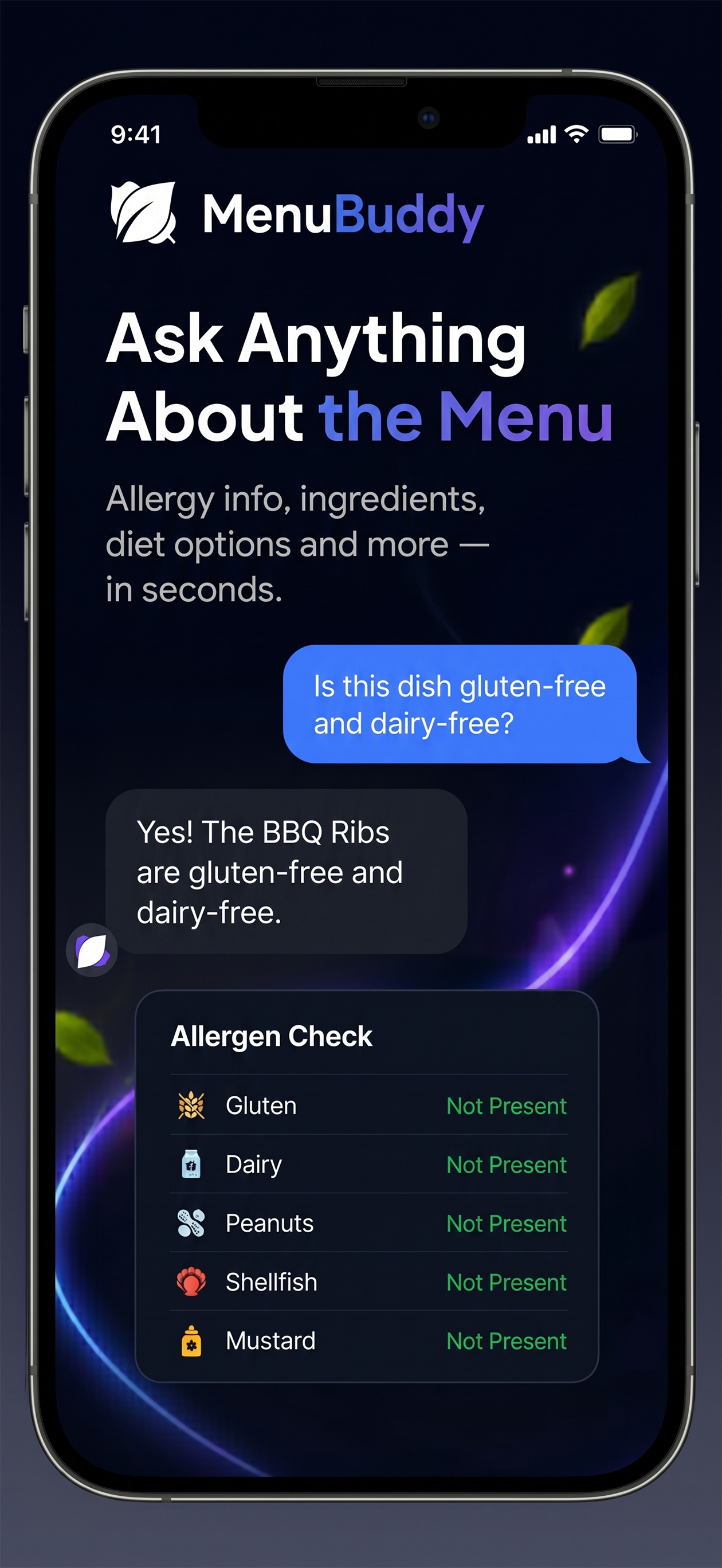 MenuBuddy allergen chat screen — ask AI about gluten-free and dairy-free dishes