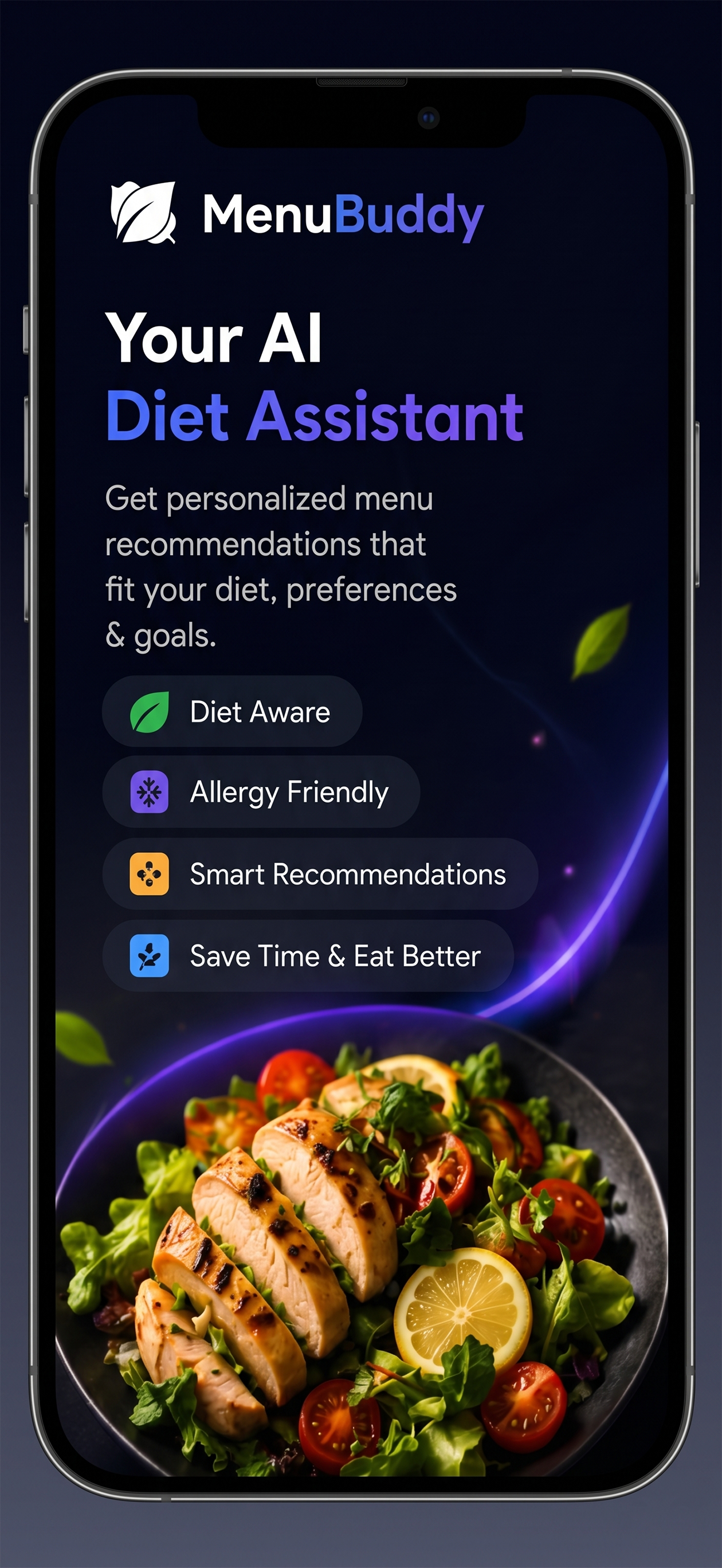 MenuBuddy diet assistant screen with personalized food recommendations for keto, vegan, and paleo