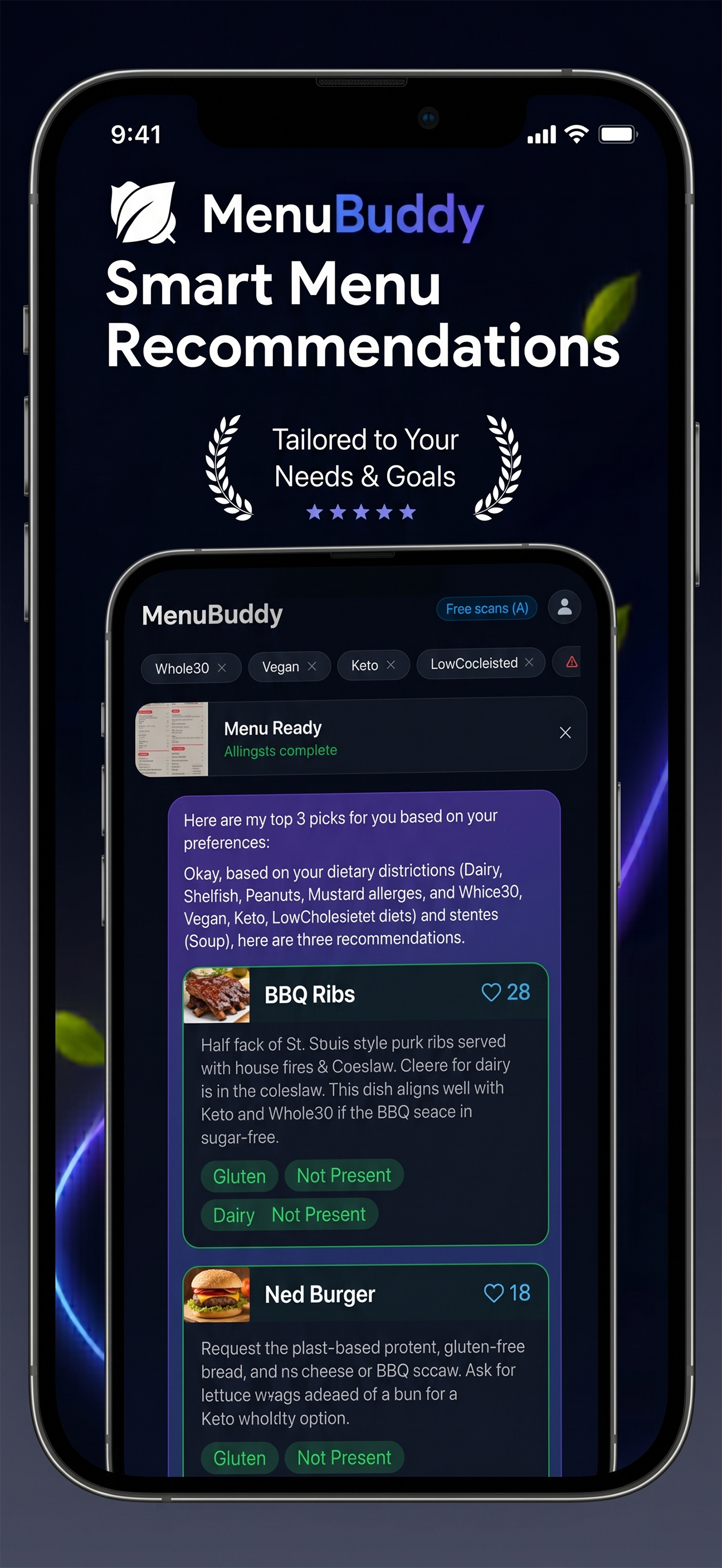 MenuBuddy smart picks screen with AI-tailored dish recommendations based on dietary preferences