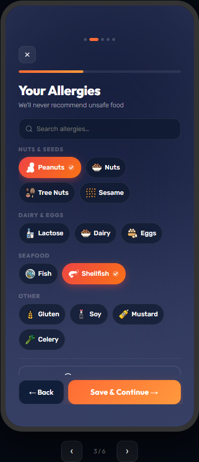 Menu Buddy Allergy Settings